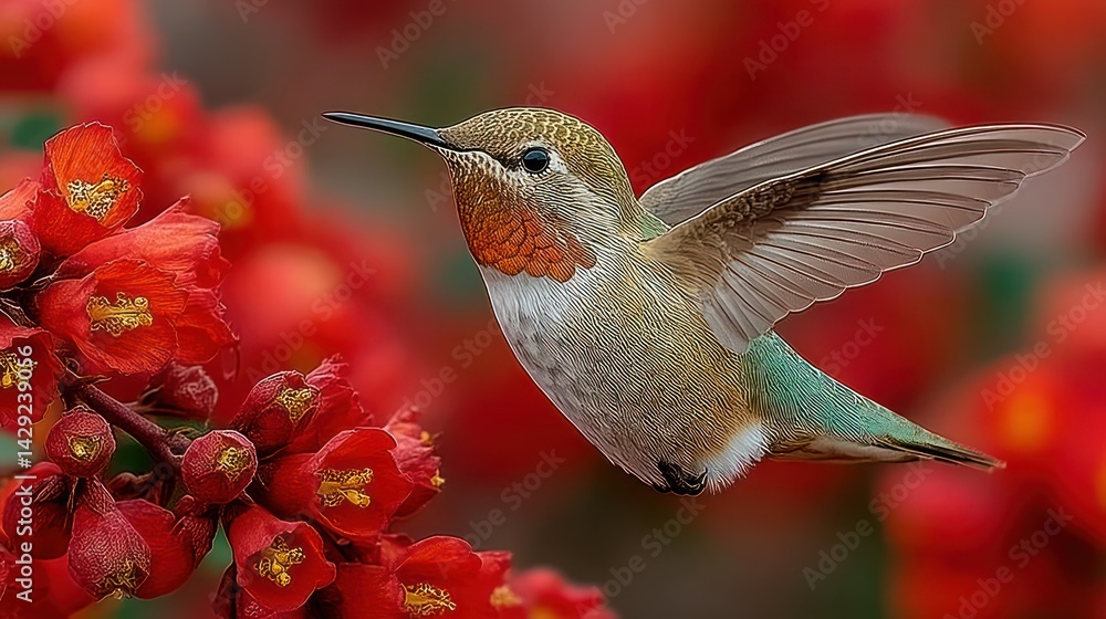 Obraz premium Tiny hummingbird in flight near vibrant red flowers