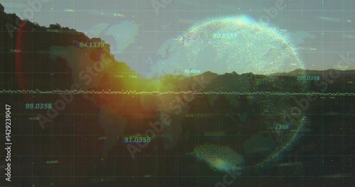 Merging tranquil lake sunset reflection with floating 3D dotted globe and grid data waveform