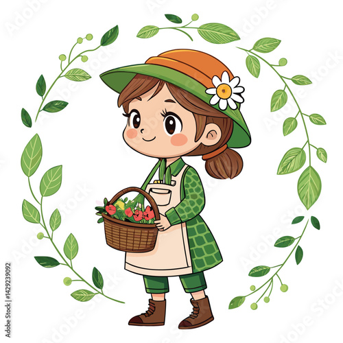 Create a cute chibi illustration of a girl gardener,  smiling, carrying a full flower basket and holding a single leaf.  She should be wearing overalls.