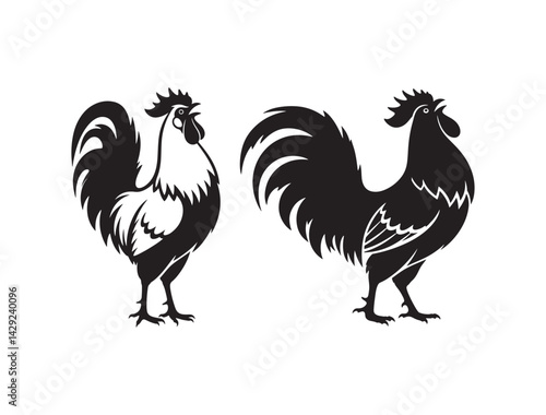 Rooster Crowing at Dawn – Silhouette Vector Design Crowing Rooster – Black & White Illustration