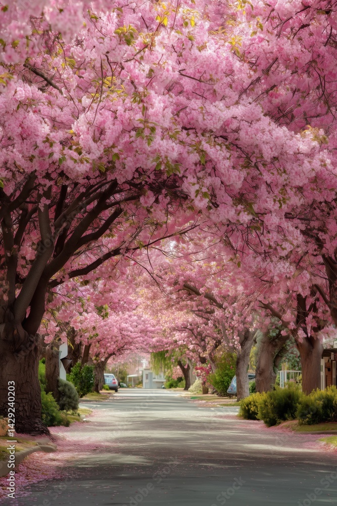 Street with Blooming Trees and Pink Blossoms in Springtime Street with Blooming Trees and Pink Blossoms in Springtime