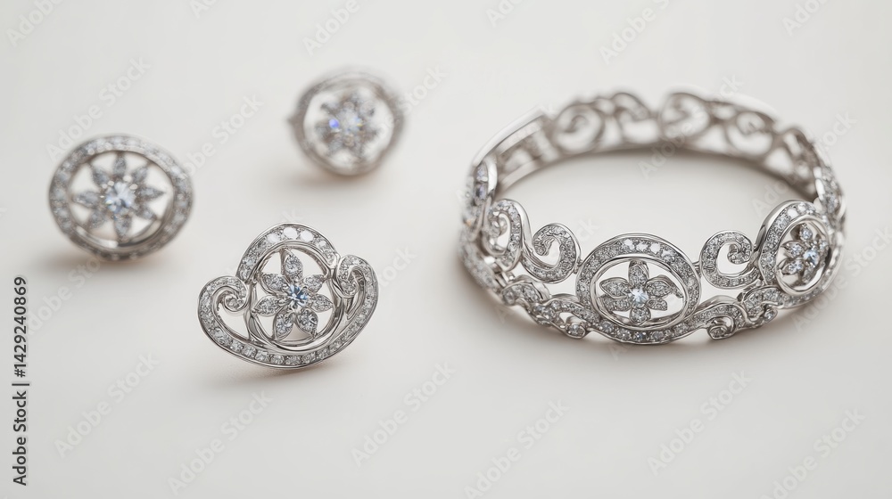 Antique-inspired platinum jewelry set with delicate scroll designs and brilliant diamonds on earrings, necklace, and matching ring, isolate on white background Antique-inspired platinum jewelry set with delicate scroll designs and brilliant diamonds on earrings, necklace, and matching ring, isolate on white background
