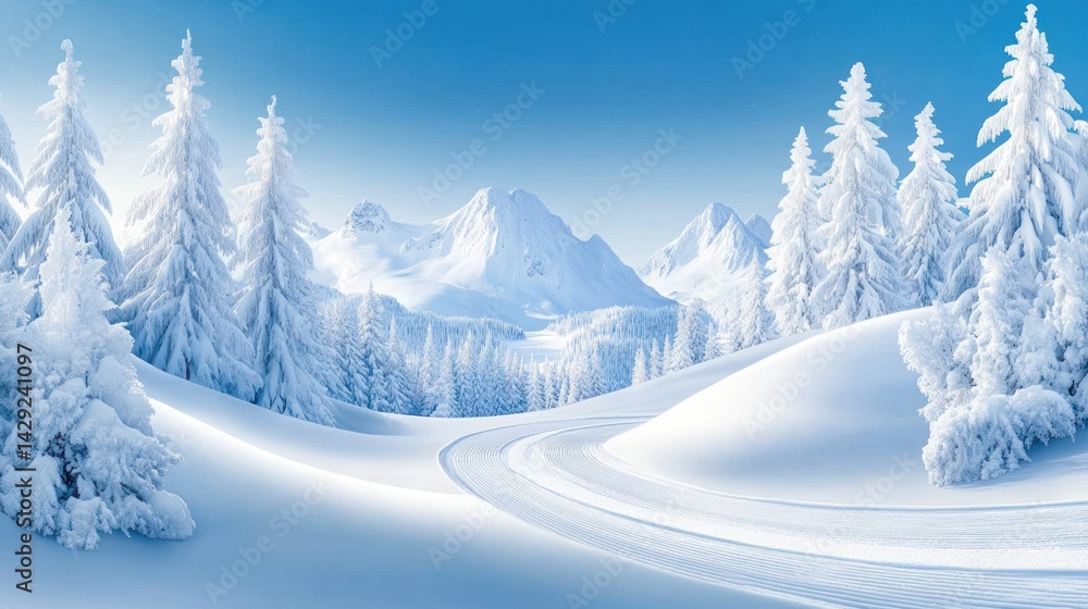 Obraz premium Snow covered mountain landscape with winter trees and ski trails