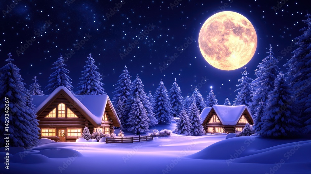 Naklejka premium Winter Wonderland Cabins Underneath a Bright Moonlit Sky