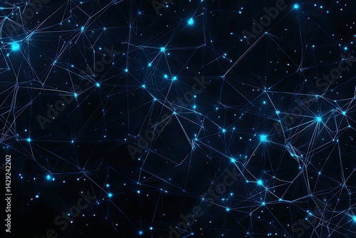 Complex network of interconnected nodes and lines in deep space.  Intricate digital design with glowing points and lines, creating a sense of technology, connectivity, and complexity
