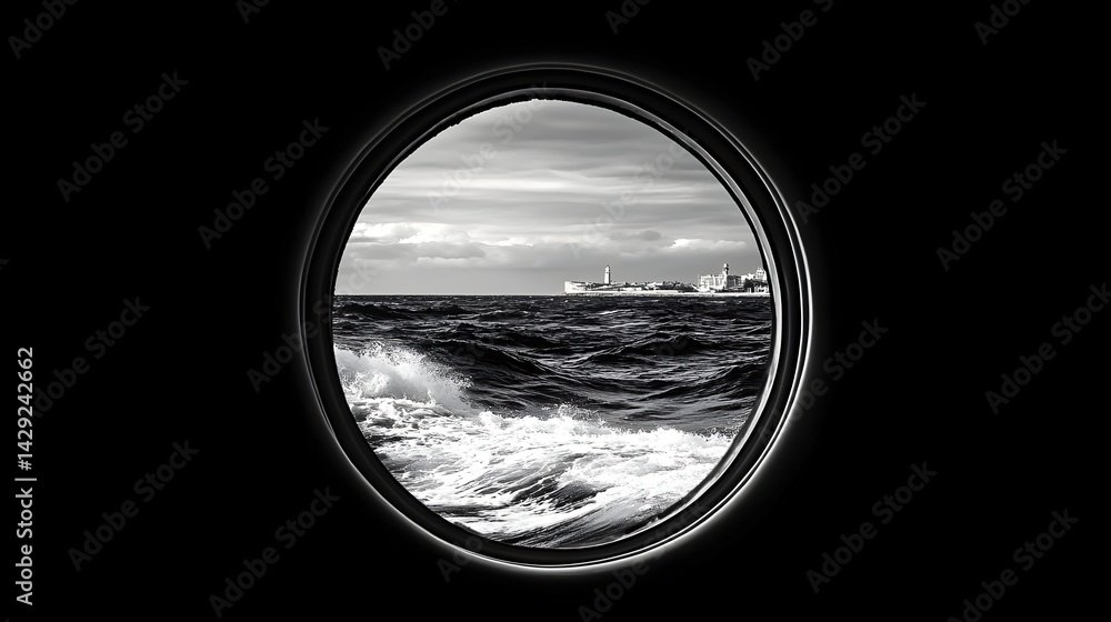 Black and White Ocean View Through Circular Frame with Waves Black and White Ocean View Through Circular Frame with Waves