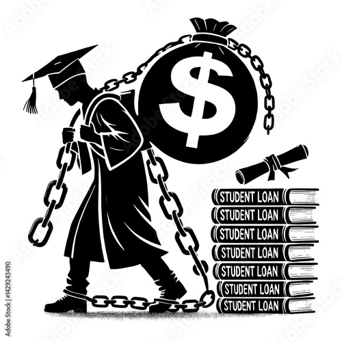 Student Loan Black and White Silhouette of Graduate Carrying Financial Burden
