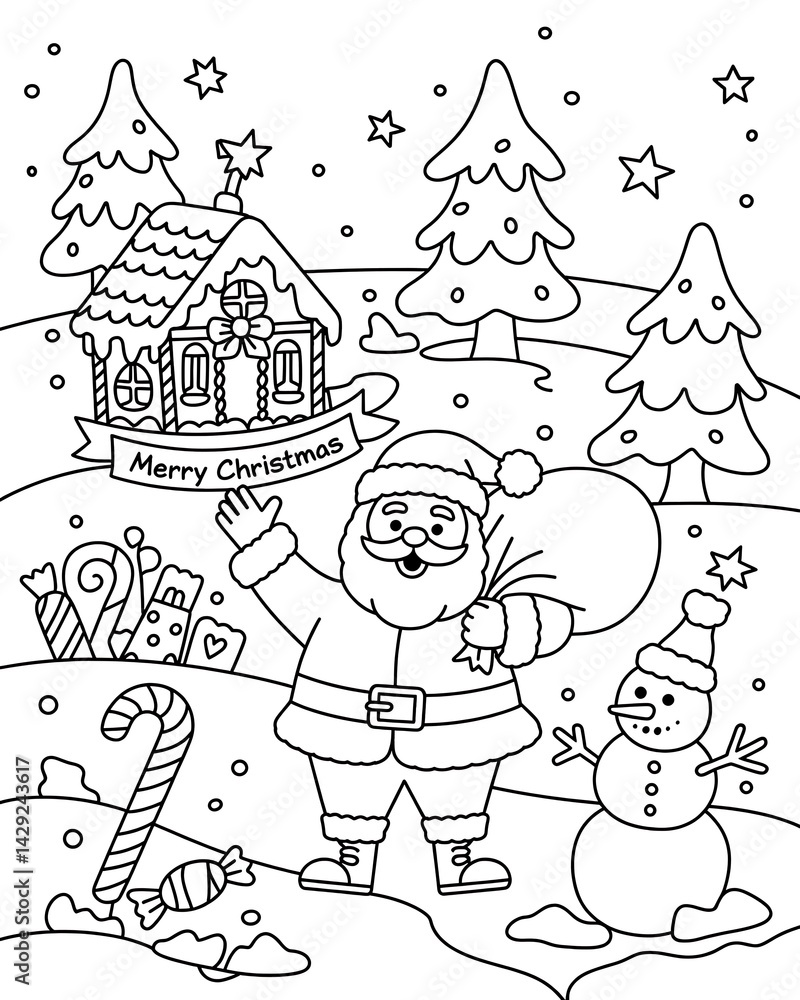 Fototapeta premium Santa Claus and Snowman in Festive Christmas Winter Scene Coloring Page for Kids