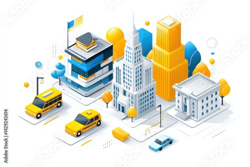 Urban Cityscape with Buildings, Cars, and Colorful Elements