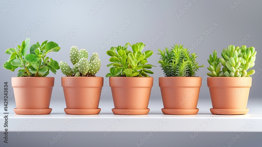 Five potted plants green growth nature spring Five potted plants green growth nature spring