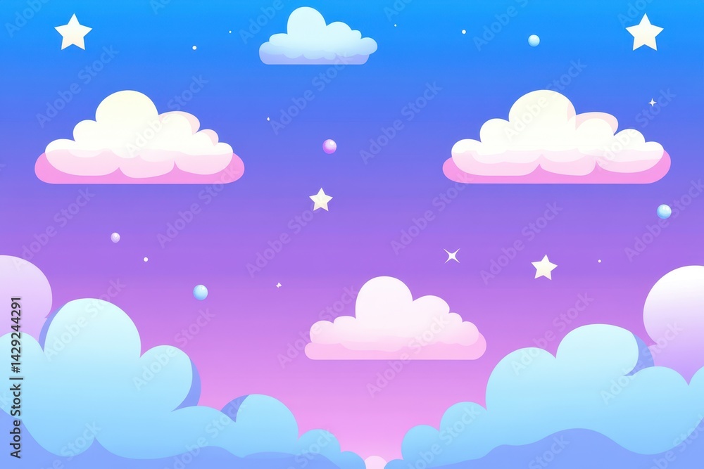 Pastel sky with fluffy clouds and stars. A dreamy, whimsical scene of clouds in various shades of pastel pink, purple, and blue. Stars and small bubbles are scattered throughout the background Pastel sky with fluffy clouds and stars. A dreamy, whimsical scene of clouds in various shades of pastel pink, purple, and blue. Stars and small bubbles are scattered throughout the background