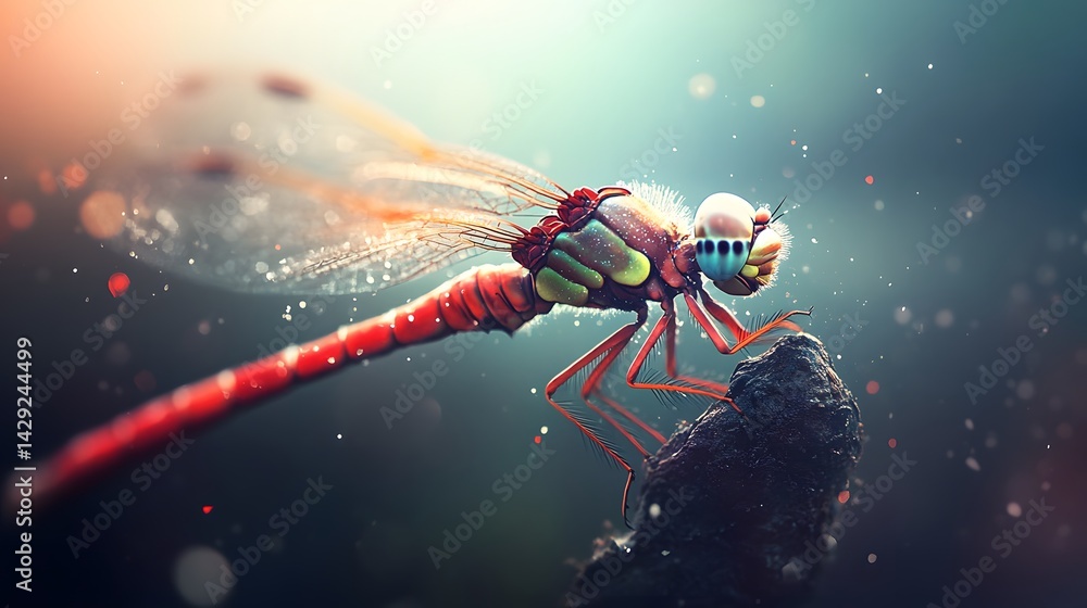 Naklejka premium Vibrant Red Dragonfly Macro Photography AI Art