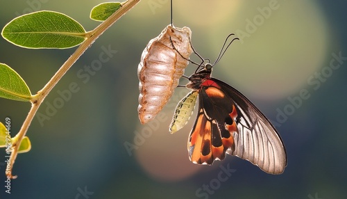 butterfly emerging from chrysalis on branch