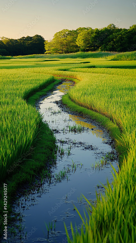 Naklejka premium Evening breeze over quiet rice paddies