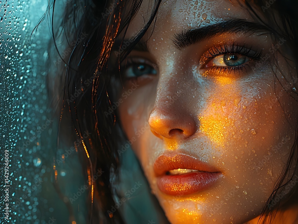 A pensive gaze through a rain streaked window