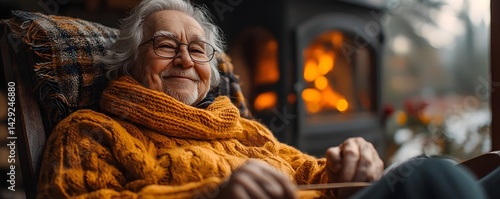 Obraz na płótnie Elderly person knitting by the fireplace exuding contentment w salonie