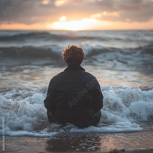 Obraz na płótnie A pensive figure contemplating by the crashing waves at sunset w salonie