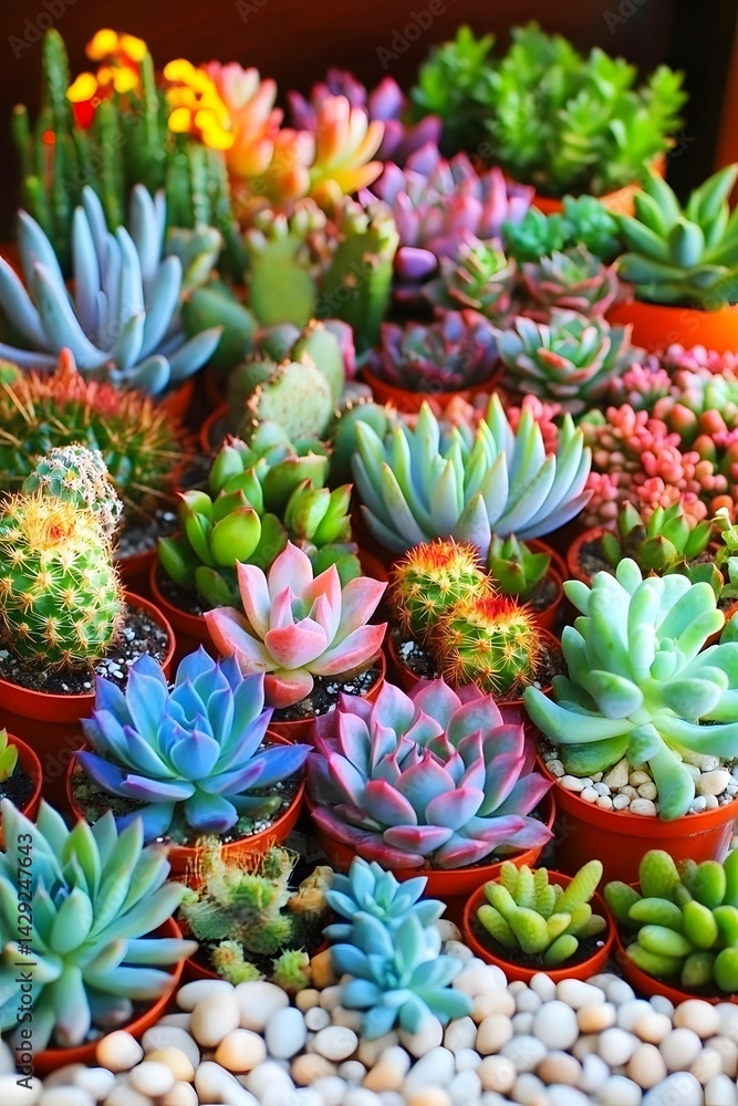 Obraz premium Vibrant Collection of Succulents and Cacti in Pots
