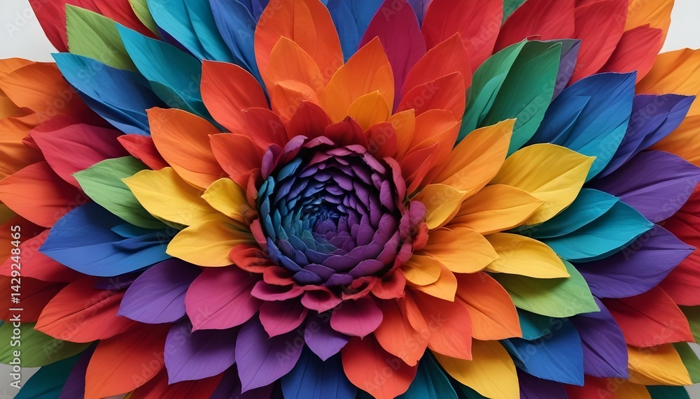 A stunning, intricately layered paper flower showcasing a vibrant rainbow of colors. A stunning, intricately layered paper flower showcasing a vibrant rainbow of colors.