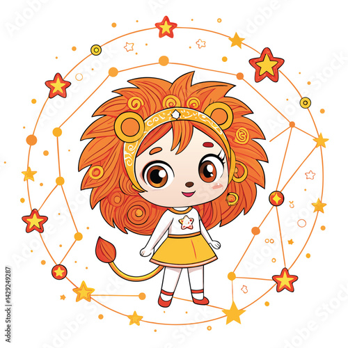 Create a cute chibi illustration of a Leo zodiac girl, adorned with a constellation Leo crown, amidst shimmering stars.