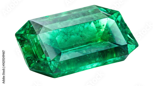 Emerald cut gemstone beautiful green beryl close up isolated on white background