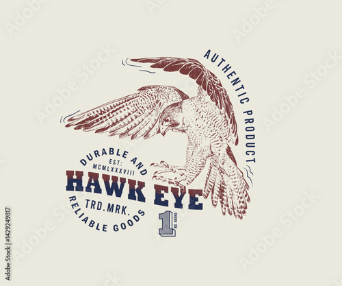 Hawk flying hand drawn vector art, Retro vintage eagle vector for apparel, Flying hawk illustration with typography, Vintage t shirt design