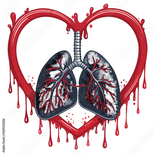 A surreal, dark fantasy image of a clawed, fleshy lung aggressively biting through a dripping, blood-red heart shape.  Focus on grotesque detail and visceral texture.