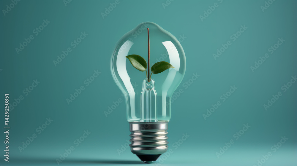 Eco Concept, Green Plant Growing Inside Light Bulb on Teal Background for Sustainability and Renewable Energy Eco Concept, Green Plant Growing Inside Light Bulb on Teal Background for Sustainability and Renewable Energy