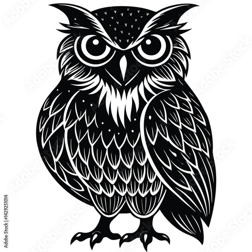Wise Owl Black and White Vintage Line Art Design