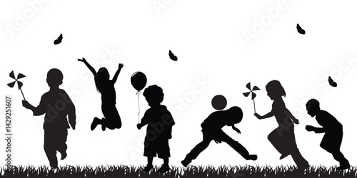 Set of pictograms representing children playing and having fun. Amusing outdoor activities for kids.