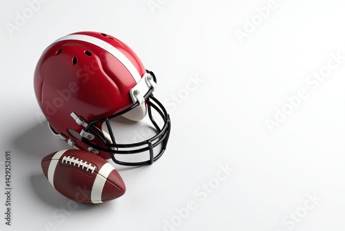 Overhead view of football helmet and ball on white ,  victory,  background,  sports equipment