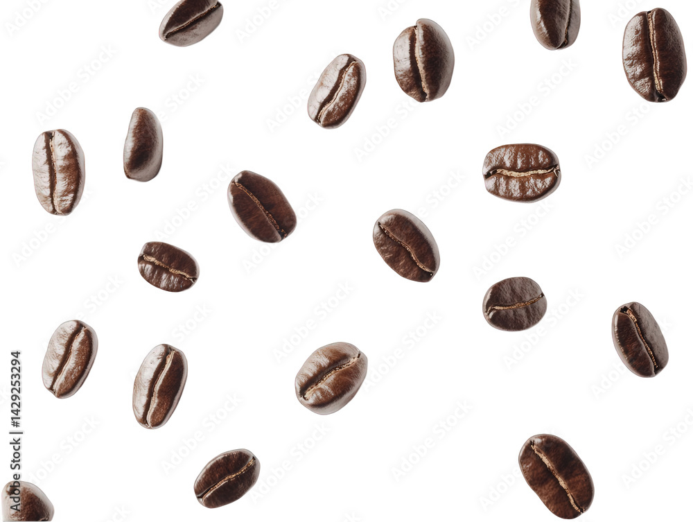 Scattered coffee beans view isolated over png transparent background Scattered coffee beans view isolated over png transparent background