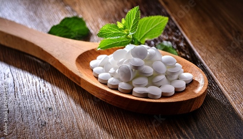 sweetener stevia in tablets in wooden spoon on table