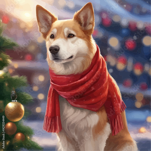 Dog in a red scarf happily sitting by a Christmas tree background  