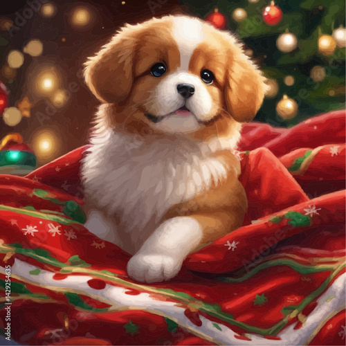 Cute puppy relaxing on festive blanket against Christmas backdrop  