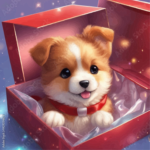 Cute puppy inside a gift box celebrating Christmas icon  