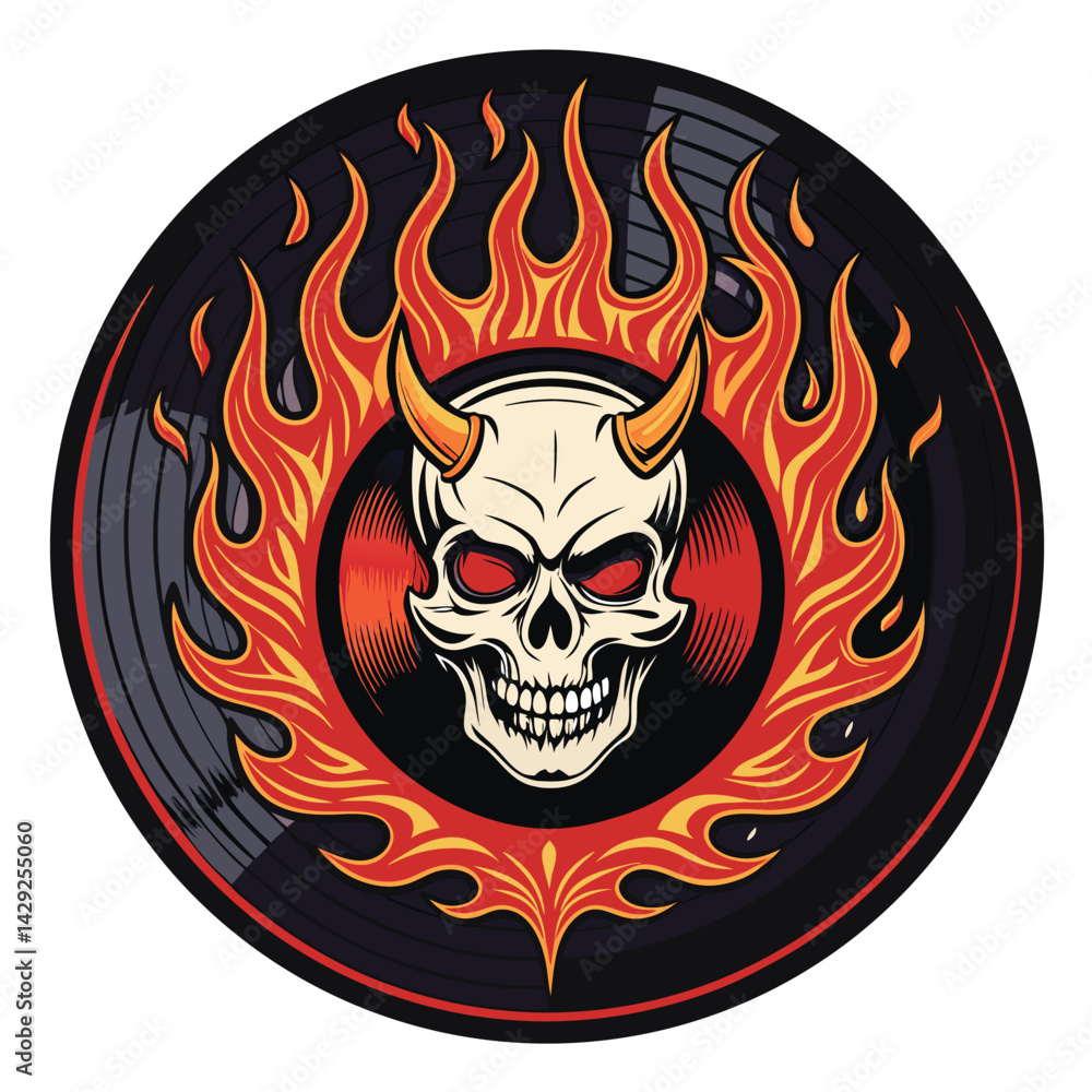 A fiery skull DJ, demonic in design, spins a vinyl record amidst swirling flames, creating a circular inferno. Intricate details are crucial. A fiery skull DJ, demonic in design, spins a vinyl record amidst swirling flames, creating a circular inferno. Intricate details are crucial.