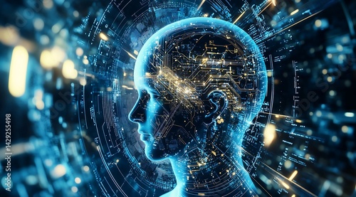 Digital AI Human Head with Glowing Circuitry and Data Streams in Futuristic Blue Style.Generative AI
