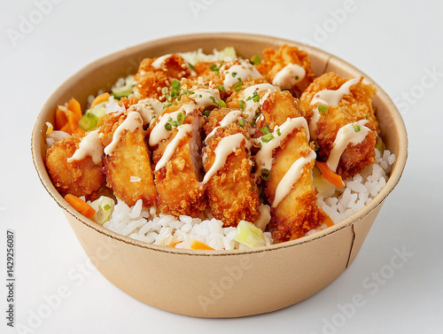 
Create a studio photograph of a cardboard bowl, on a white background. Inside the bowl: This image shows a delicious Asian-inspired rice bowl topped with crispy golden-brown breaded chicken cut into 