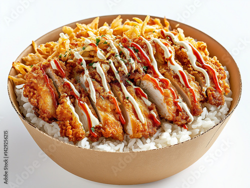 
Create a studio photograph of a cardboard bowl, on a white background. Inside the bowl: This image shows a delicious Asian-inspired rice bowl topped with crispy golden-brown breaded chicken cut into 