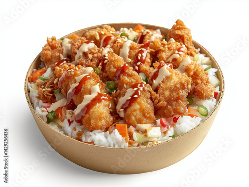 
Create a studio photograph of a cardboard bowl, on a white background. Inside the bowl: This image shows a delicious Asian-inspired rice bowl topped with crispy golden-brown breaded chicken cut into 