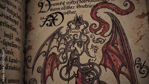 A medieval codex on demonology contains an ancient illustration of the devil, characterized by horns and red wings, symbolizing Satan or Lucifer, amidst texts and symbols of hell associated with dark