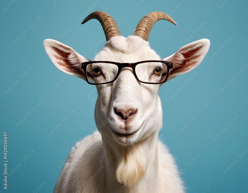 Fototapeta premium Portrait of a goat wearing glasses on a plain background, Muslim festival concept, Eid Ul Adha background, sacrifice of goat, Islamic background with text space