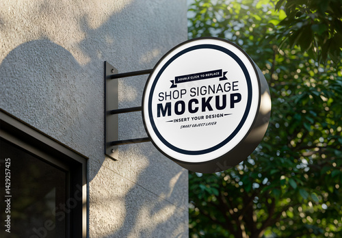 Modern Round Store Sign Mockup with Greenery in the Background