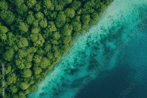 Lush tropical forest meets vibrant turquoise ocean, a stunning aerial view.  A natural, tranquil boundary between land and sea
