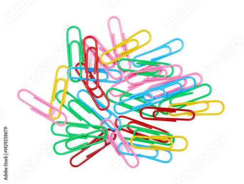 scattered colorful paper clips isolated on white background