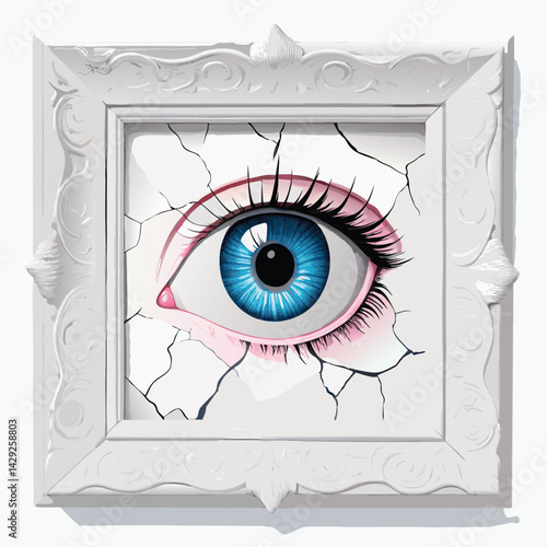 A colossal, realistic eye peers from within a fractured porcelain doll's head, showcasing intricate cracks and chipped paint.  The contrast between the eye and the decaying doll is stark.