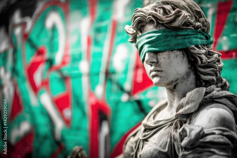 Blindfolded Statue Against Vibrant Urban Graffiti Background