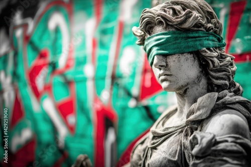 Obraz na płótnie Blindfolded Statue Against Vibrant Urban Graffiti Background w salonie