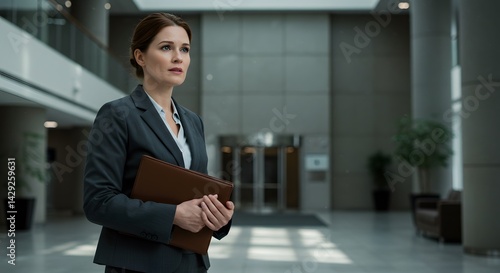 Business Professional in Office Lobby: An elegant woman in a stylish suit stands confidently in a modern office lobby, her gaze fixed with purpose. photo